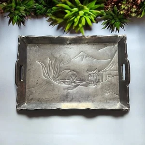 VTG Mexican Folk Art Tooled Tin Serving Tray Scalloped Inset Handles 19 x 13 - Picture 1 of 15