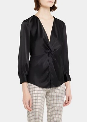 Theory Size 6 Long Sleeve Twist Womens Blouse Black Soft Satin V Neck $325 - Image 1 of 4