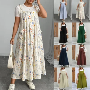 Womens Overalls Pleated Dress Summer Strappy Pocket Baggy Maxi Dresses Plus Size - Picture 1 of 28