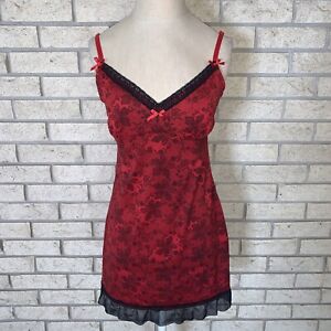 Just Sexy Lingerie Red & Black Floral Lace Print Opaque Slip Dress Size Medium