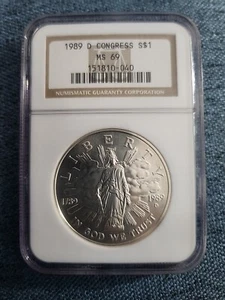 1989 D CONGRESS Silver Dollar Graded Ms69 By NGC - Picture 1 of 4
