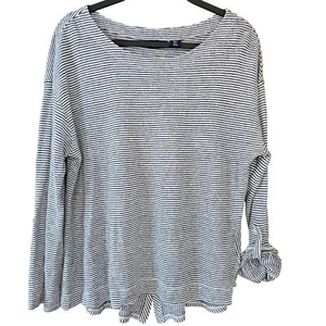 Adrianne Vittadini gestreifte Leinen Tunika Oberteil Rollriegelärmel L blau weiß adrett - Bild 1 von 9