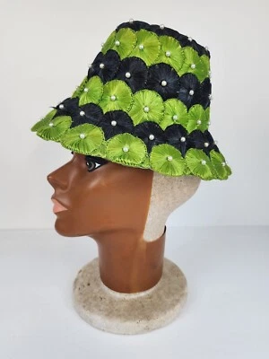 Vintage 1960s Bucket Hat Black & Green Straw With Faux Pearls Beehive Hat Disco - Image 1 of 4