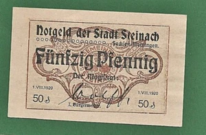 06 240 Notgeld Steinach 50 Pfg., 1.8.1920, Rückseite mit Text, Thüringen - Picture 1 of 2
