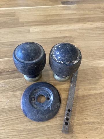 Pair of Vintage Hard Wood & Brass Door Handles/ Knobs. Very Old. Antique Cover