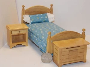Dollhouse Miniature Oak Single Bed Night Stand & Chest 1:12 one inch scale D310 - Picture 1 of 5
