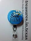 SEEK HIM (God) Blue with White and Blue Flowers Retractable Reel ID Badge Holder