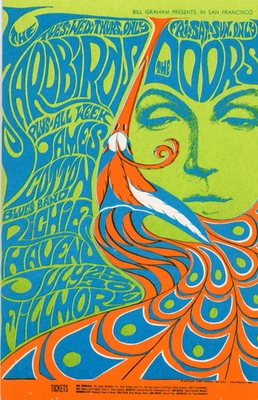 YARDBIRDS - DOORS - JAMES COTTON Postcard Fillmore Concert 1967 Wes Wilson BG-75 - Image 1 of 2