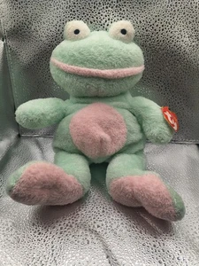2002 Ty Pluffies Grins Frosch weich schlapp grün & rosa Stofftier Plüsch 9 Zoll - Bild 1 von 7
