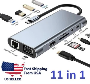 11 in 1 USB-C Hub Adapter HDMI VGA Ethernet SD PD Audio for Laptop MacBook - Picture 1 of 9