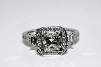 $13,500 18K Gold 1.79CT Natural Princess Diamond Halo Engagement Ring Authentic - Image 1 of 4
