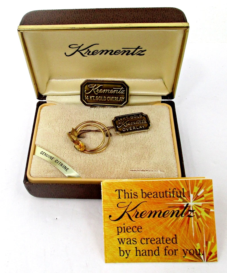 Prendedor de citrino espiral KREMENTZ firmado vintage años 60 retro con superposición de oro de 14 quilates caja original Foto 1 de 4