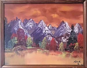 Lebendige Berglandschaft Gemälde von Nerak B. Signierte Leinwand, kräftige Farben, 1988 - Bild 1 von 6