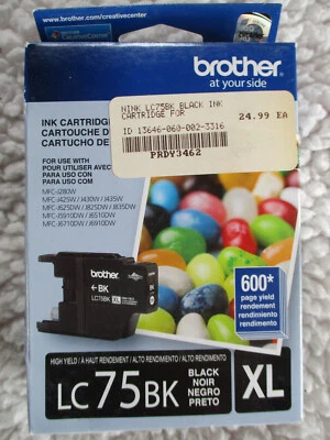 Brother LC75BK XL Printer Black Ink Cartridge High Yield 600 pages NEW, EXPIRED - Image 1 of 4