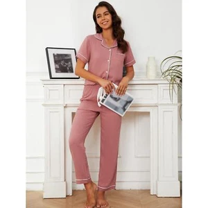 Women's spring solid color short-sleeved long pants home wear two-piece set - Picture 1 of 11
