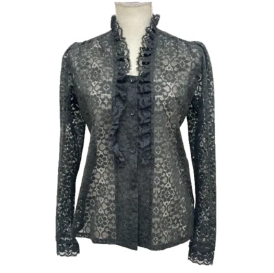 Top de encaje transparente negro vintage de los años 70 con volantes y cuello en V gótico talla S Foto 1 de 4
