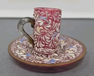 Miniature Bohemian Decorative Enameled Glass Cup And Saucer 2" - Picture 1 of 16