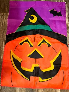 VTG Purple Halloween Witch Bat Jack-O-Lantern Flag Large 43" x 28” - Picture 1 of 2
