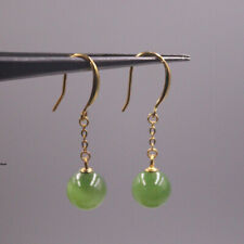 Pure S925 Sterling Silver Green Jade Women Lucky Ball Dangle Earrings 