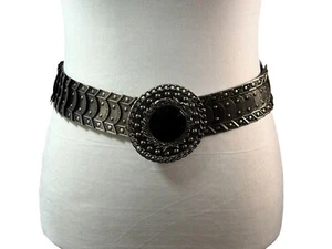 Silver-Tone Metal Plate Statement Belt Black Faux Stone Ornate Buckle Size S - Picture 1 of 13