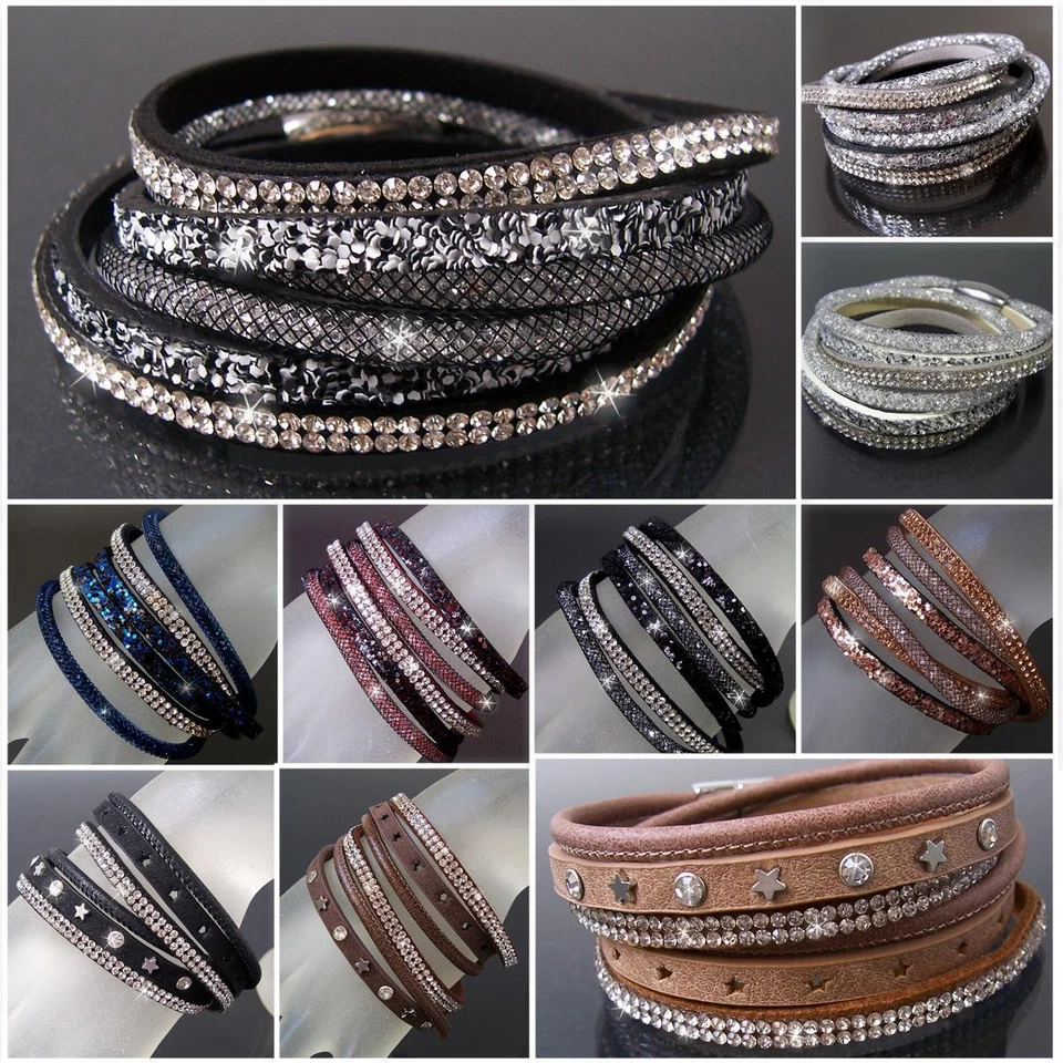 Armband Slakearmband Lederlook Glitzer Strass Wickelarmband Edelstahl Damen VA32 - Bild 1 von 2
