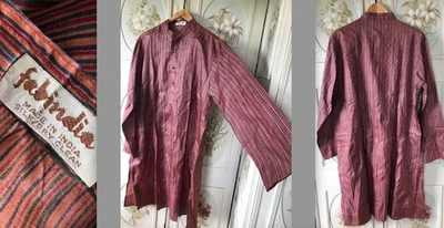 VESTIDO PIJAMA HOMBRE VINTAGE NUEVO SIN ETIQUETAS FABINDIA INDIO TODO SEDA TEJIDO ROSA RAYAS 38 Foto 1 de 4