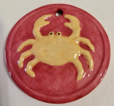 Cangrejo Colgante Medallón Zodiaco Cáncer Cerámica Rojo Beige 2" Llavero LEER Foto 1 de 4