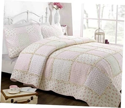  Edredón floral rosa claro verdadero retazos 100 % algodón niña doble melocotón dulce Foto 1 de 4