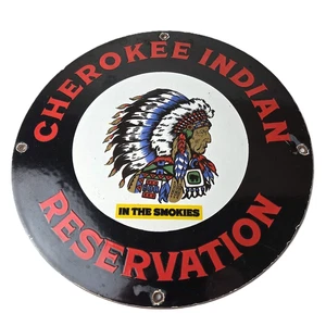 Vintage Cherokee Indian Reservation Sign - Smokies Native Porcelain Gas Sign - Picture 1 of 14
