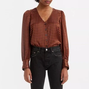 Levi's Gr. XL rostbraun Satin kariert V-Ausschnitt Oberteil Langarm Bluse Oberteil seidig - Bild 1 von 10