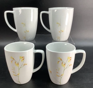 4 Corelle Corning Mugs KOBE 4-3/8" Square Porcelain Yellow Asian Flower On White - Picture 1 of 7