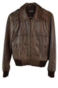 PRINCIPLES Brown Leather Bomber Jacket size Uk 12 Womens Full Zip Biker Casual - Picture 1 of 9