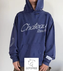 GOTOFRE GDEPT GREY RANCH HOODIE SWEATSHIRT DISTRESSED HAND PAINT HOODED JUMPER - Picture 1 of 19