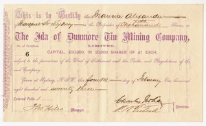 Share Scrip - Mining. 1873 Ida of Dunmore Tin Mining Co. (NSW) - Picture 1 of 1