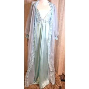 Texsheen Dessous 2-teiliges blaues Vintage Peignoir Set Kleid & transparenter Morgenmantel Gr. L - Bild 1 von 16