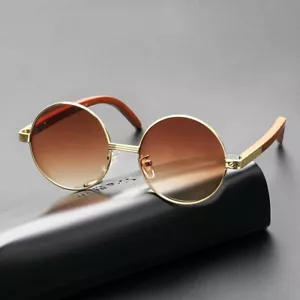 Mens Round Brown Tint Large Vintage 90's Gold Frame Circle Wood Sunglasses - Picture 1 of 5
