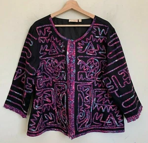 Choices Jacket Black Multi Abstract Embroidered Design Collarless Size XL - Picture 1 of 9