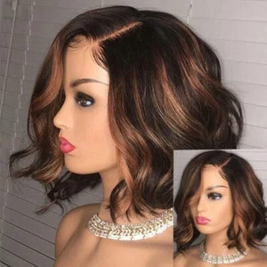 Ombre Balayage Honey Blonde Black Mix Human Hair Bob Wigs 13x4 Lace Front Wigs  - Picture 1 of 11