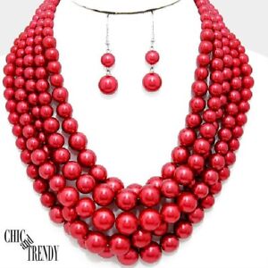 CHUNKY 5 ROW RED PEARL EVERY DAY OR FORMAL FASHION NECKLACE JEWELRY SET TRENDY