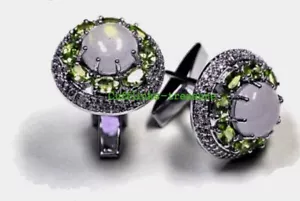 Natural Moonstone & Peridot Gemstones 925 Sterling Silver Cufflinks For Men's #8 - Picture 1 of 6