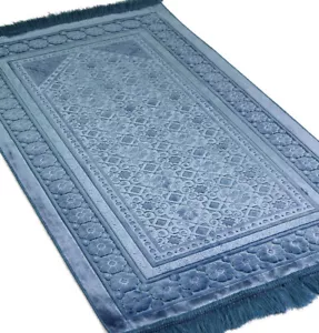 Alfombra de oración de terciopelo islámico turco Sajadah estampilla floral de lujo felpa acero azul - Imagen 1 de 7