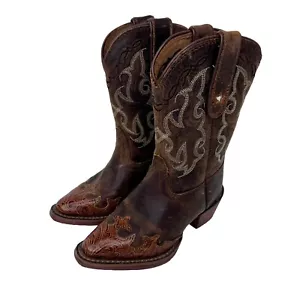 Tony Lama Tillie Kids Brown Leather Cowboy Boots Youth Size 9D Style LL301 - Picture 1 of 13