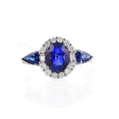 3.23 TCW Natural Blue Sapphire SI/H Baguette Diamond Ring 18k White Solid Gold - Image 1 of 4