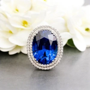 18K Gold Wedding Ring 28.16 Ct Natural Diamond Oval Cut Lab Grown Blue Sapphire - Picture 1 of 9