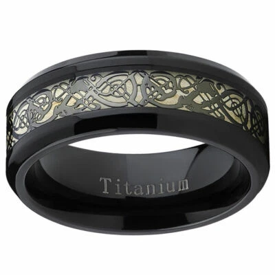 8mm Men or Ladie's Black Titanium Celtic Dragon Inlay Design Wedding Band Ring - Image 1 of 4