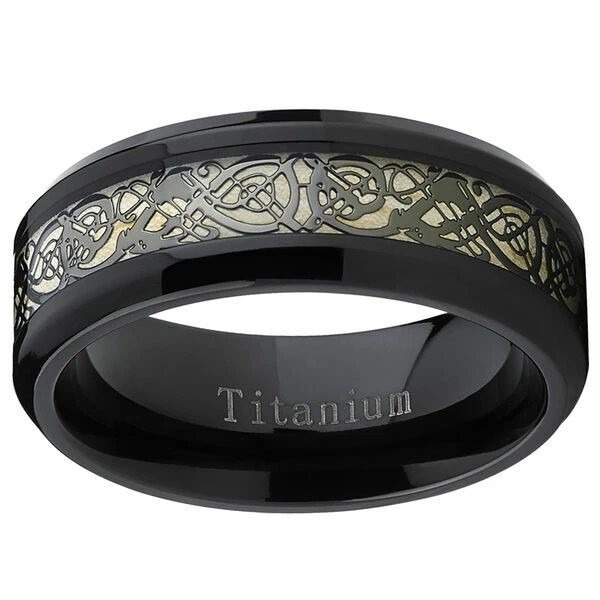 8mm Men or Ladie's Black Titanium Celtic Dragon Inlay Design Wedding Band Ring - Image 1 of 1