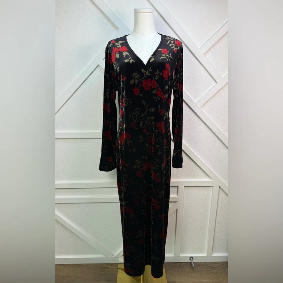 Maxi Vestido Whimsigoth Y2K Kathie Lee Terciopelo Floral Negro Rojo Manga Larga Acampanada L Foto 1 de 4