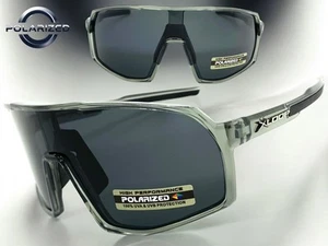 Sporty Biker Wrap Around Shield Fishing POLARIZED SUN GLASSES Large Gray Frame - Picture 1 of 7