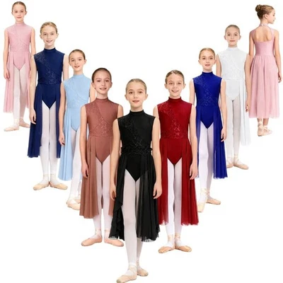 Kids Girls Dresses Latin Dancewear Figure Ice Skating Leotard Costume Mock Neck - Image 1 of 4