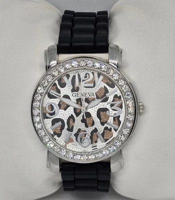 Women's Geneva Animal Print Dial Silver Tone Rhinestone Silicone Band Watch 13 - Image 1 of 4